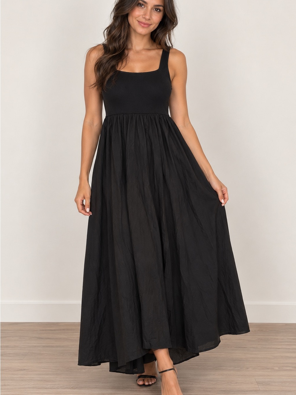 a new day Black Ribbed Bodice Square-Neck Maxi Dress